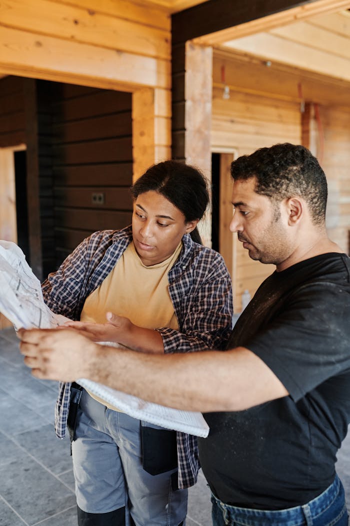 about-03 Two construction professionals examining blueprints in a wooden building interior.