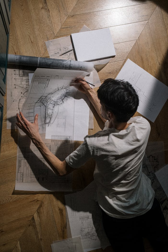 about-02 An architect analyzing architectural plans and blueprints while lying indoors.